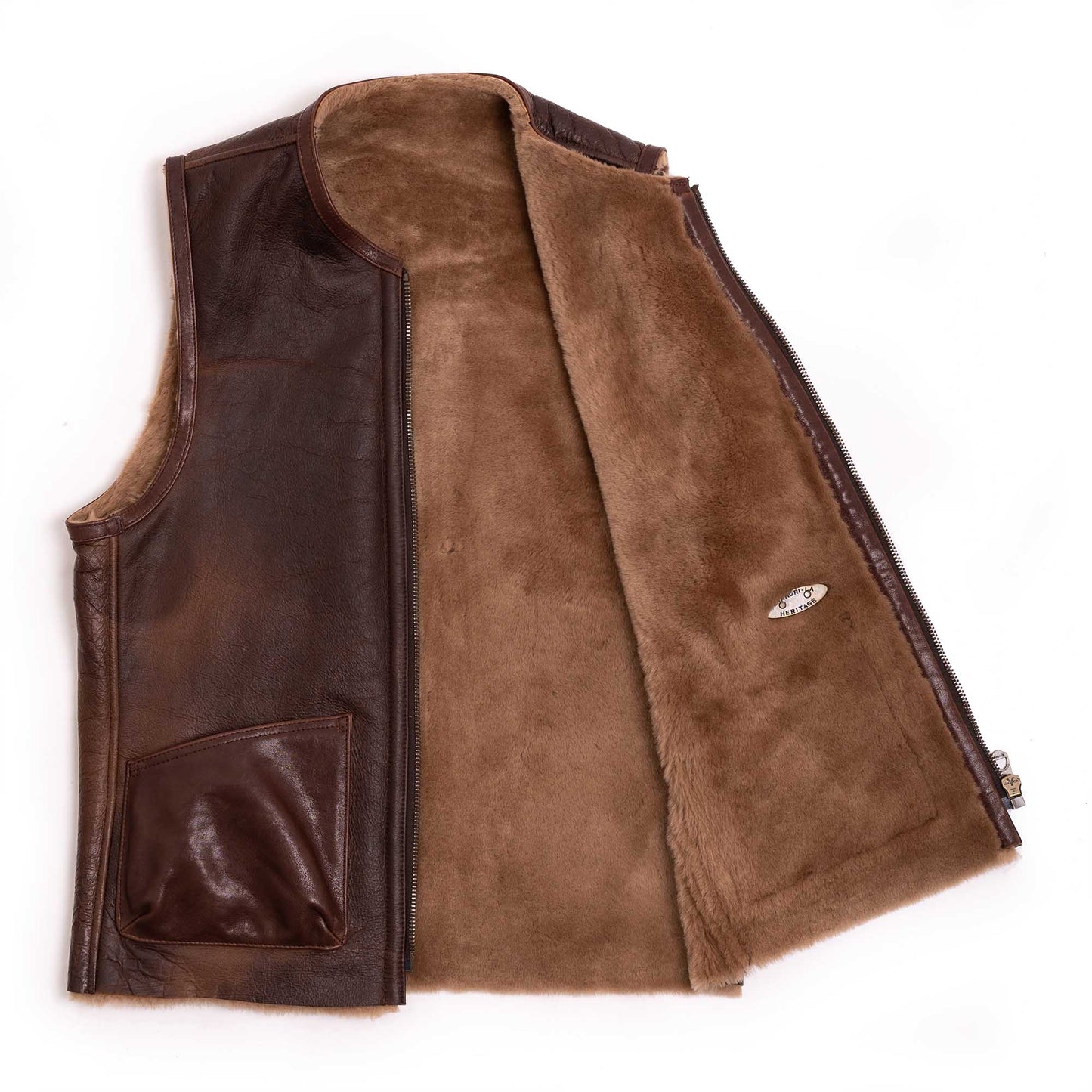 Men's Shearling Leather Vest In Chocolate Brown With Crackle Texture