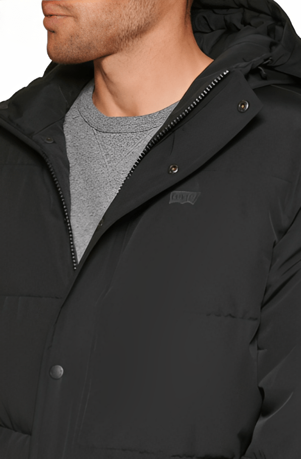Men's Trench Puffer Coat In Black With Hood
