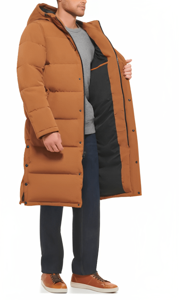 Men's Trench Puffer Coat In Tan With Hood