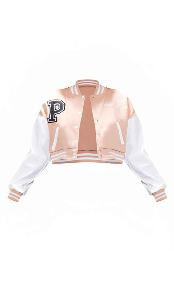 Women's Cropped Varsity Bomber Leather Jacket In Light Pink