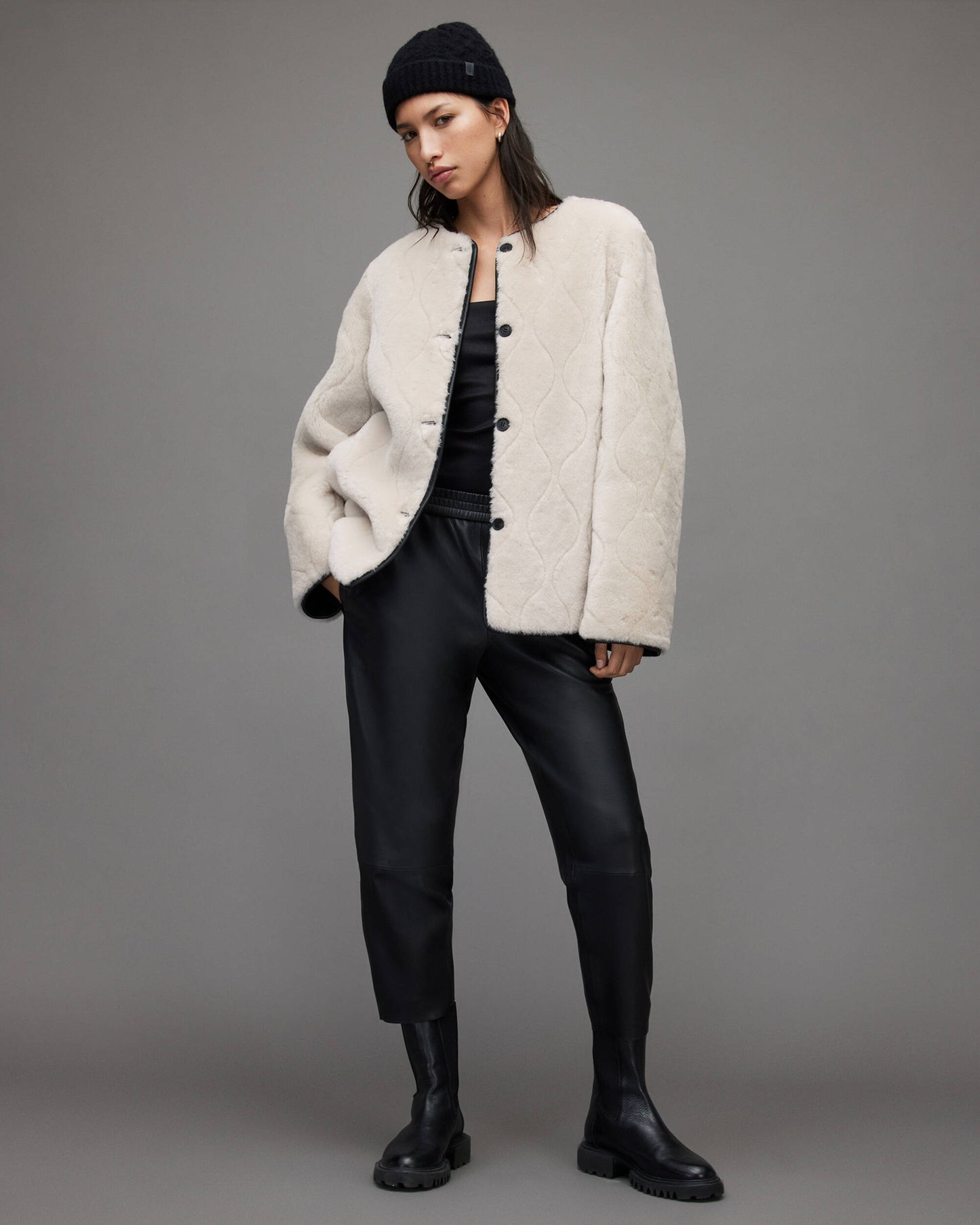 Women's Double Sided Black Leather & White Shearling Jacket