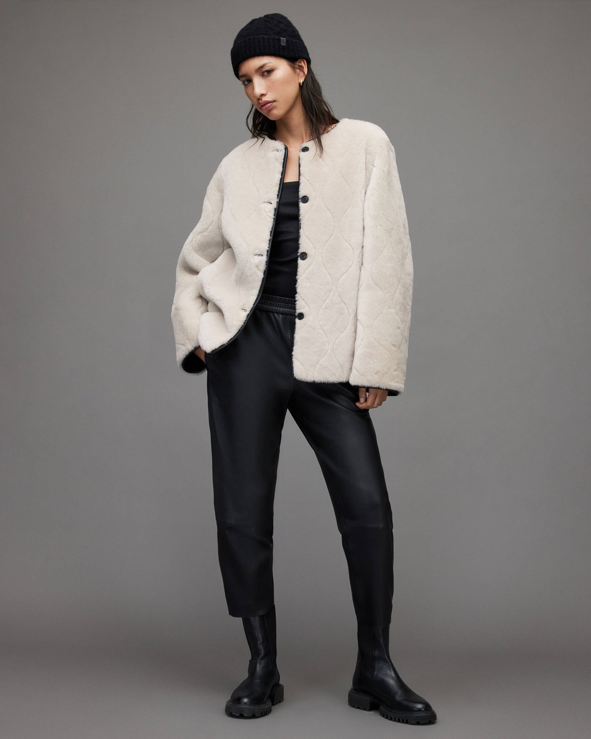 Women's Double Sided Black Leather & White Shearling Jacket