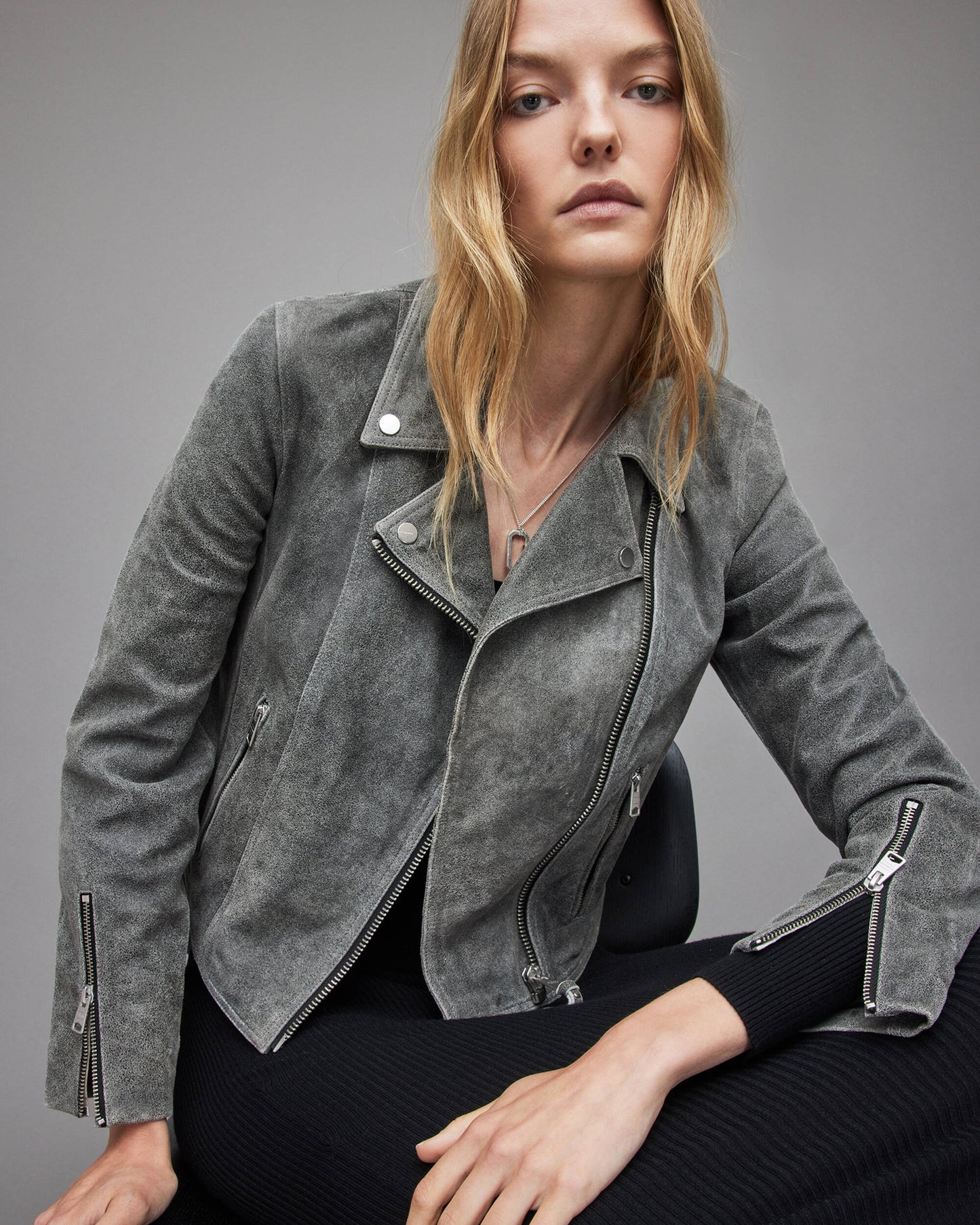 Women's Suede Leather Biker Jacket In Gray