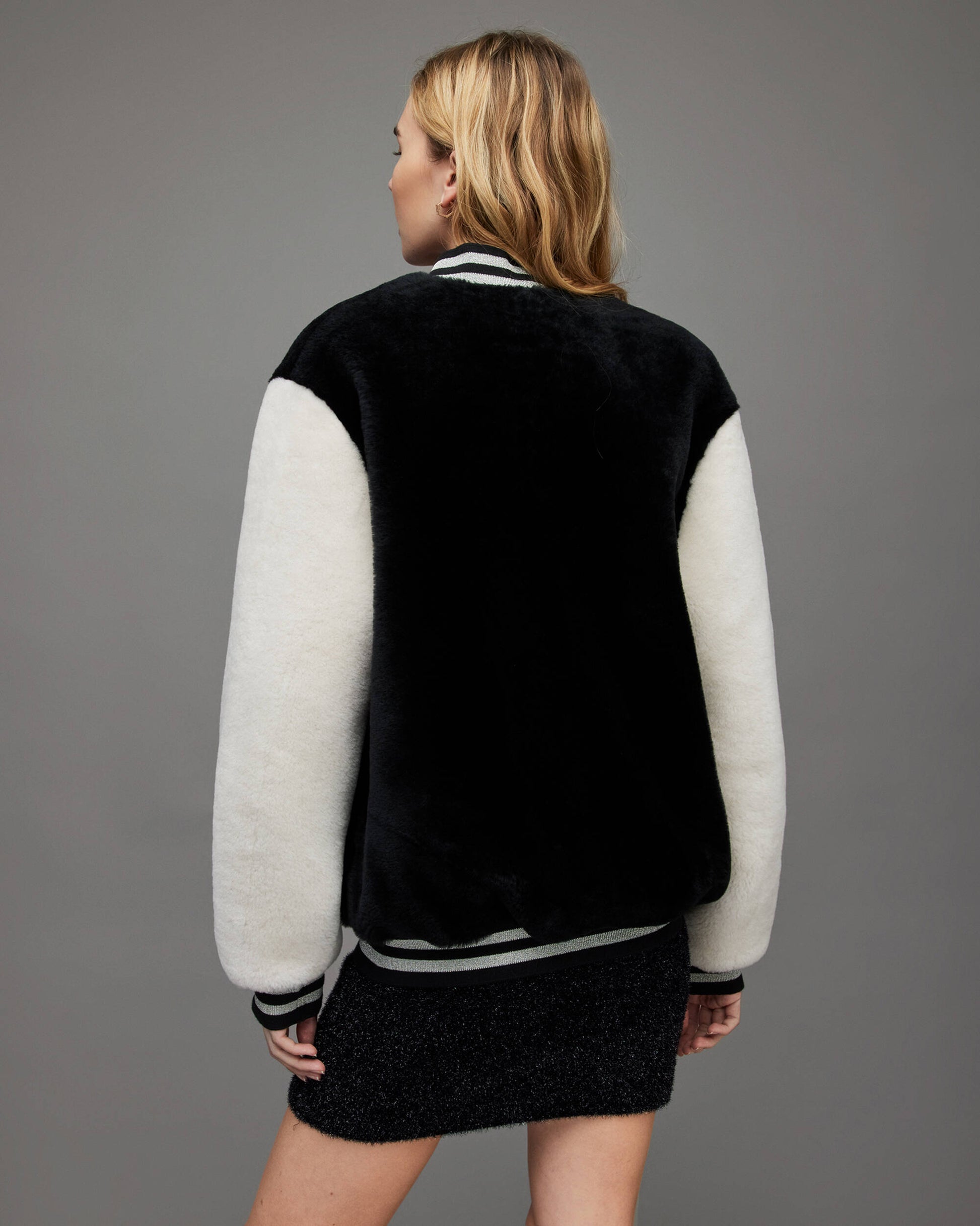 Women's Shearling Bomber Jacket In White & Black
