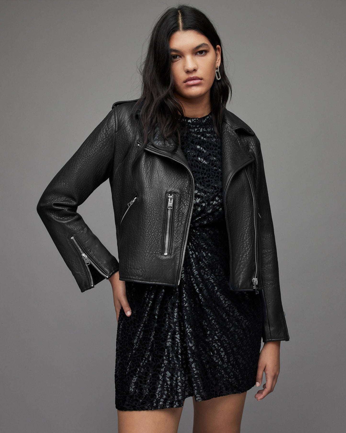 Women's Snake Print Leather Biker Jacket In Black