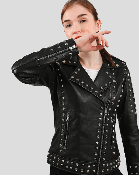 Women's Studded Leather Biker Jacket In Black
