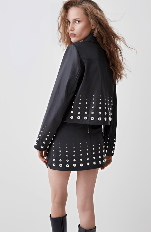 Women's Studded Leather Jacket In Black