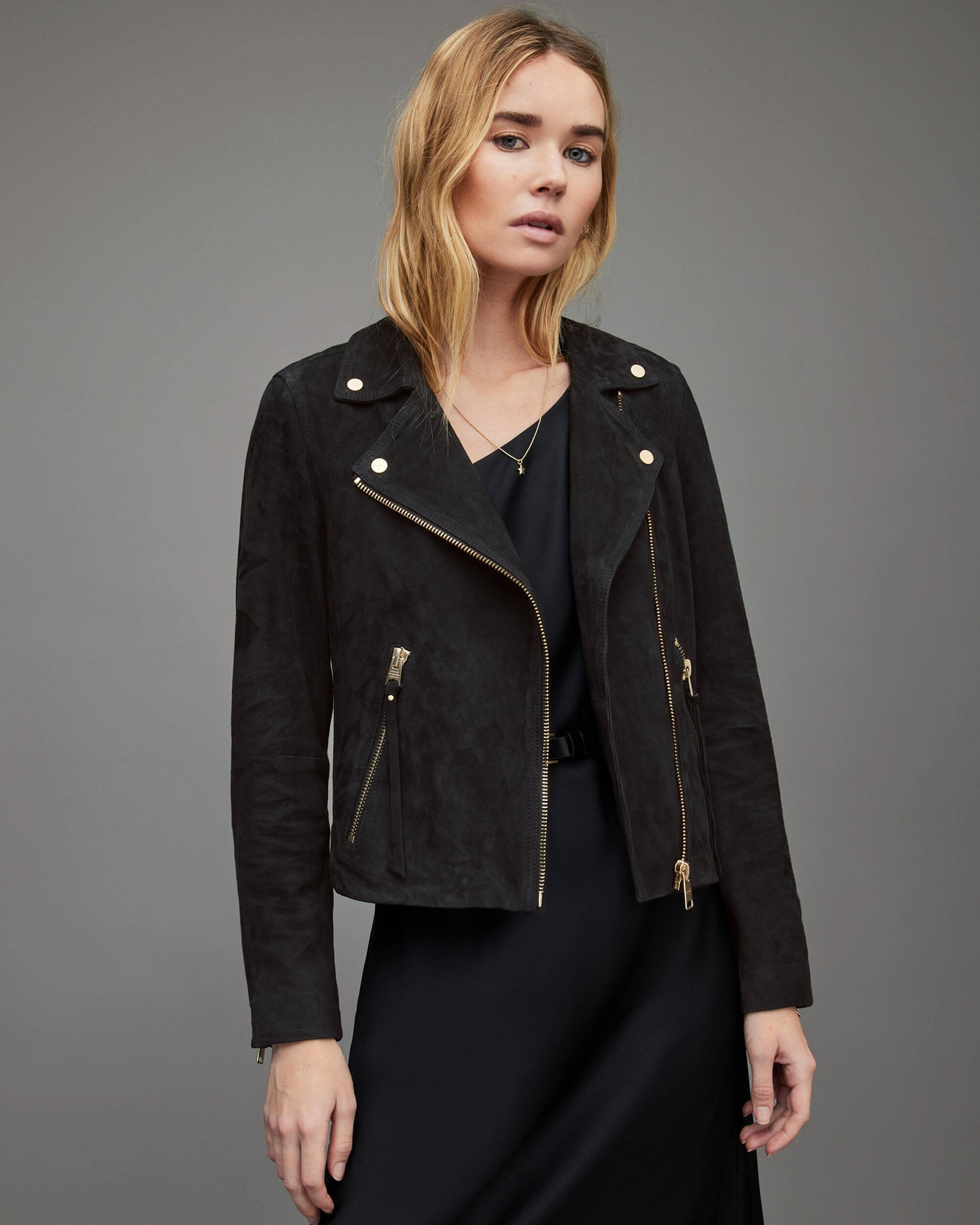 Women's Suede Leather Biker Jacket In Black