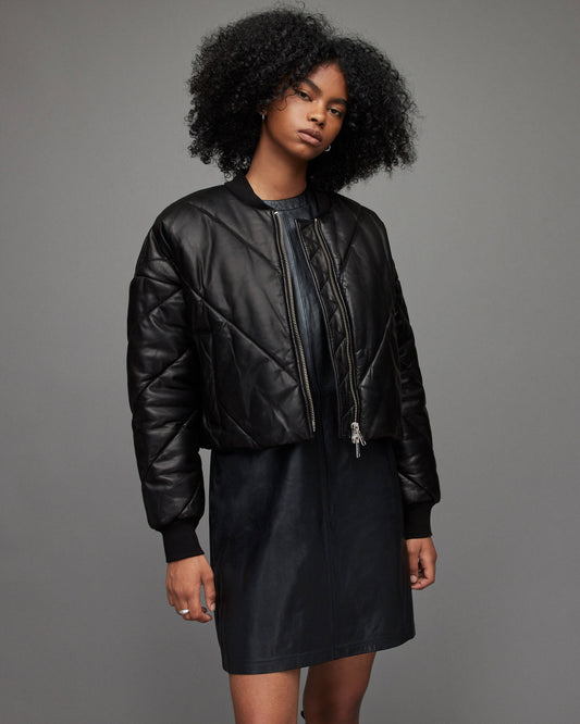 Women's Puffer Leather Jacket In Black