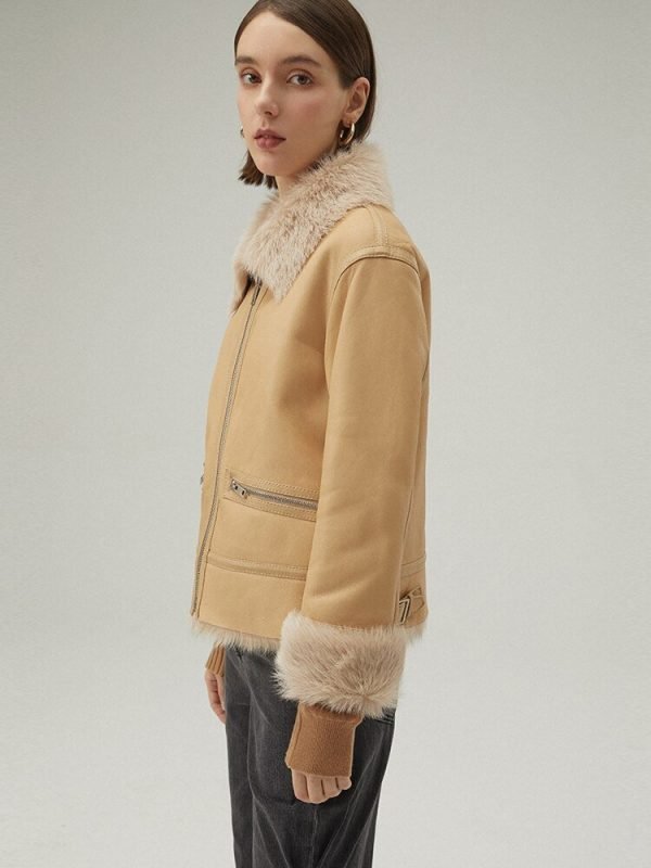 Women's Leather Biker Jacket In Beige