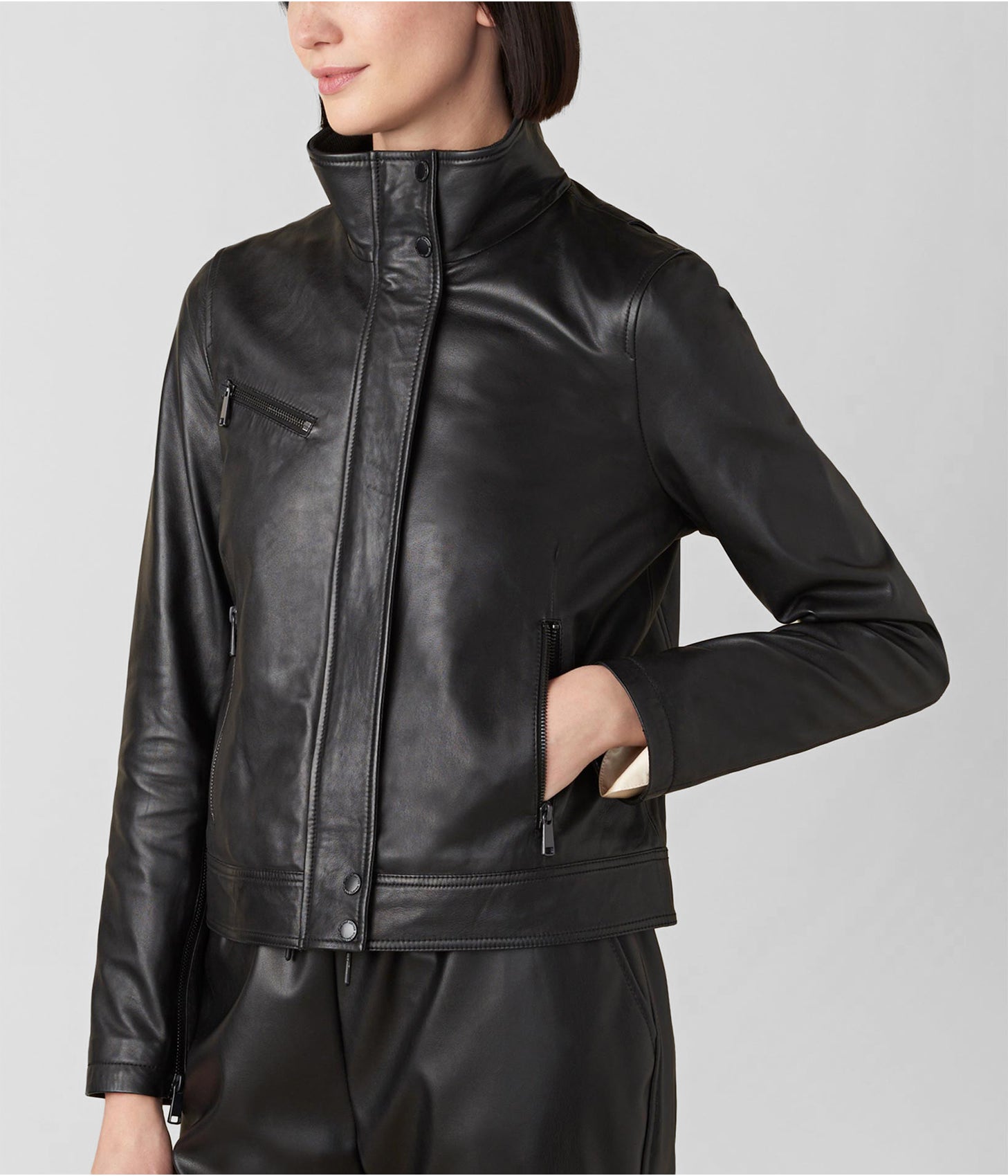 Women's Leather Jacket In Black With Turtle Neck