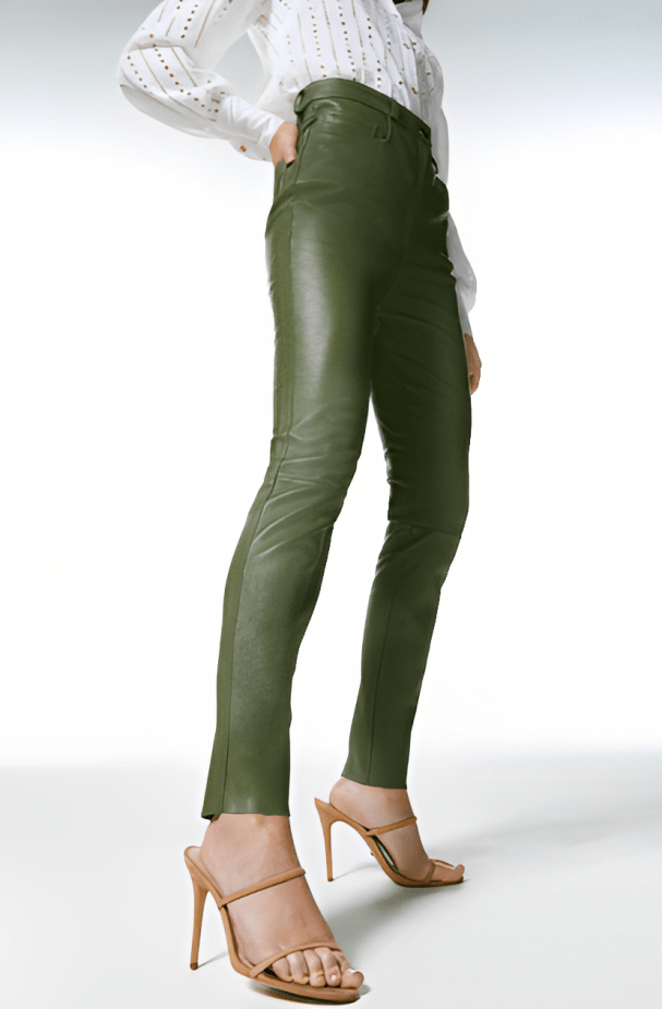 Women's Leather Pant In Khaki