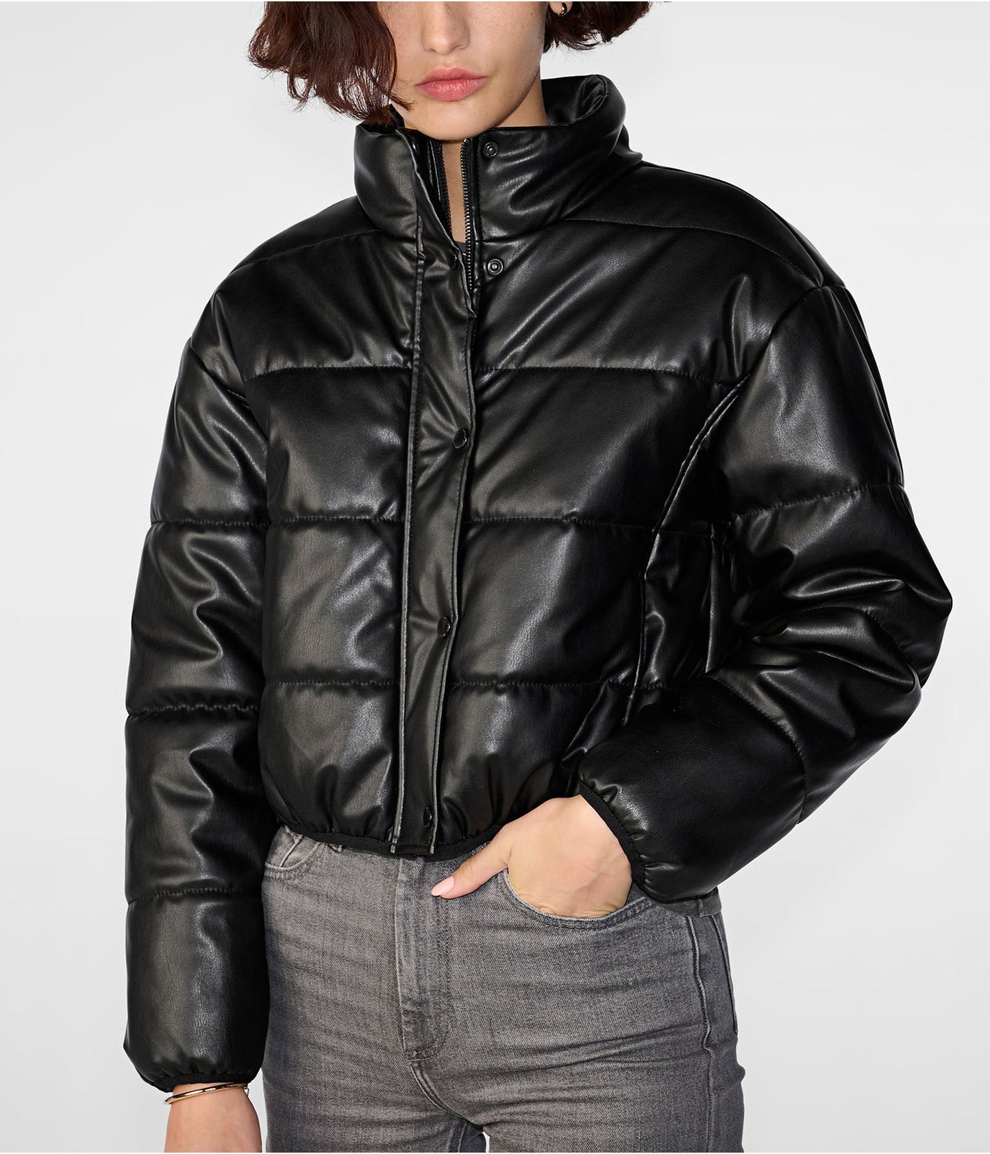 Women's Leather Puffer Jacket In Black