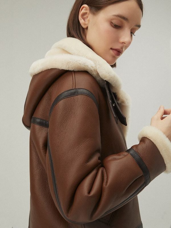 Women's Leather Shearling Jacket In Dark Brown With Removable Hood
