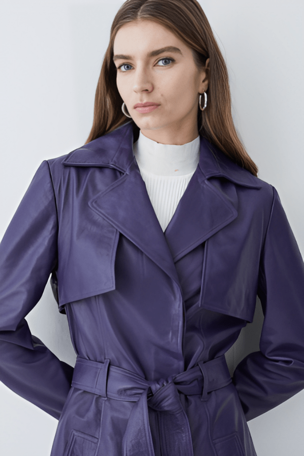 Women's Leather Trench Coat In Royal Blue