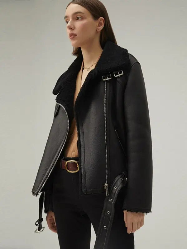 Women's Matte Black Shearling Leather Jacket