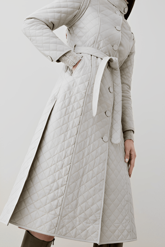 Women's Quilted Leather Trench Coat in Off-White