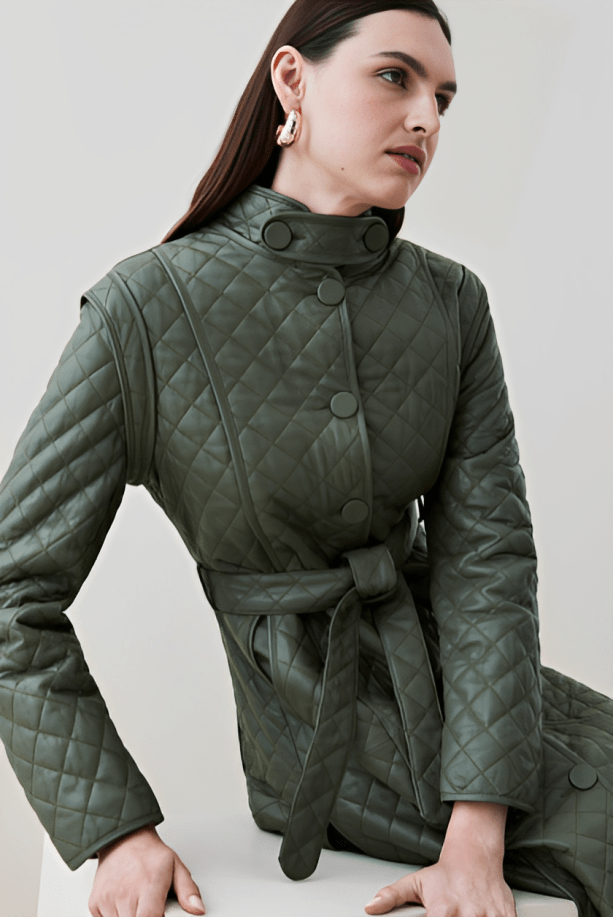 Women's Quilted Leather Trench Coat In Olive