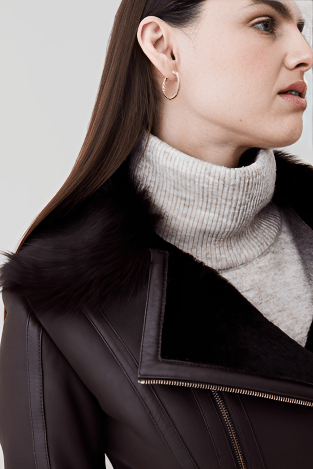 Women's Shearling Leather Coat In Dark Brown