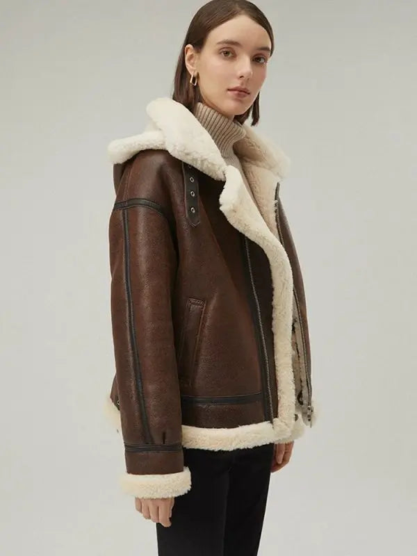 Women's Shearling Leather Jacket In Dark Brown With Removable Hood