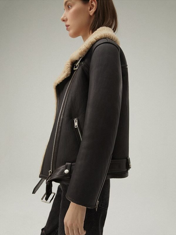 Women's Shearling Leather Jacket In Matte Black