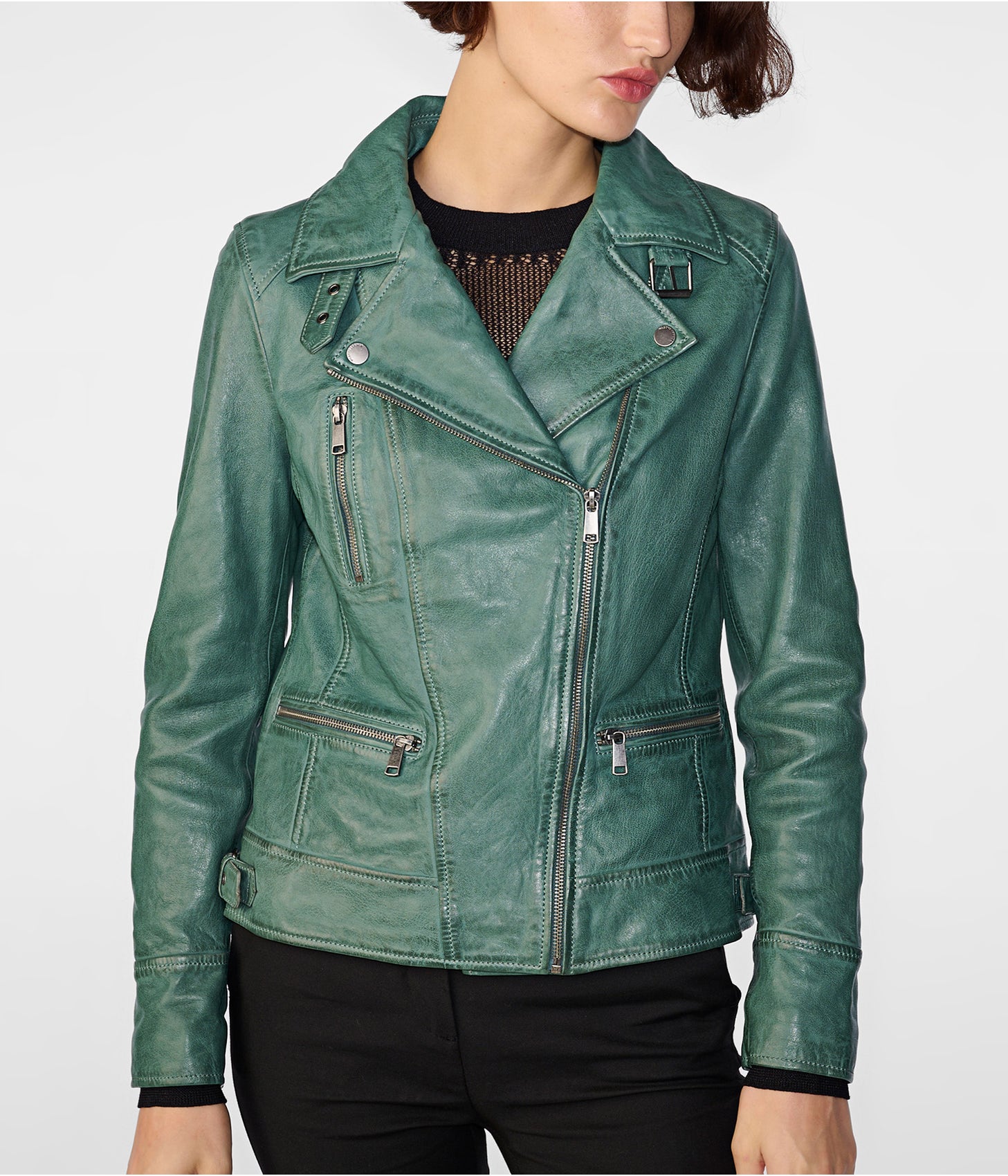 Women's Distressed Leather Biker Jacket In Sea Green