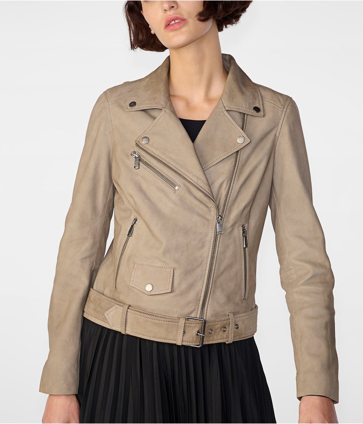 Women's Tan Beige Suede Leather Biker Jacket