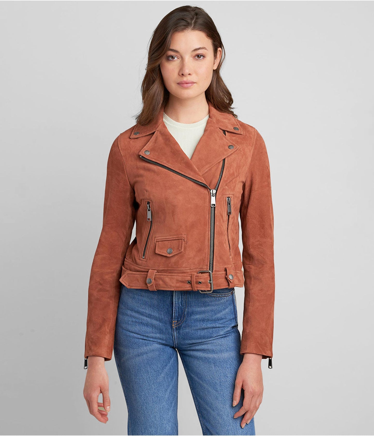 Women's Tan Brown Suede Leather Biker Jacket