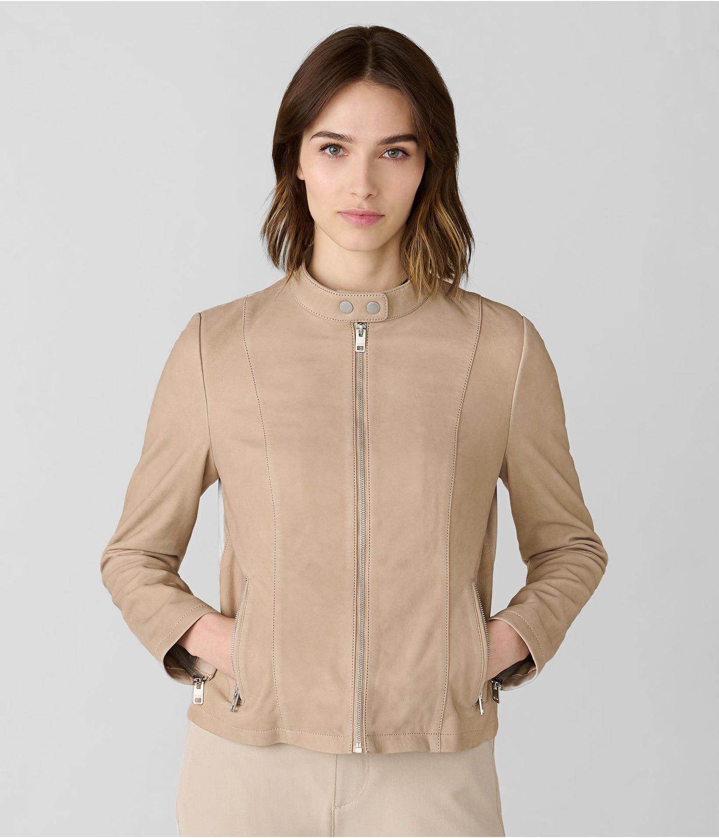 Women's Suede Leather Moto Jacket In Beige