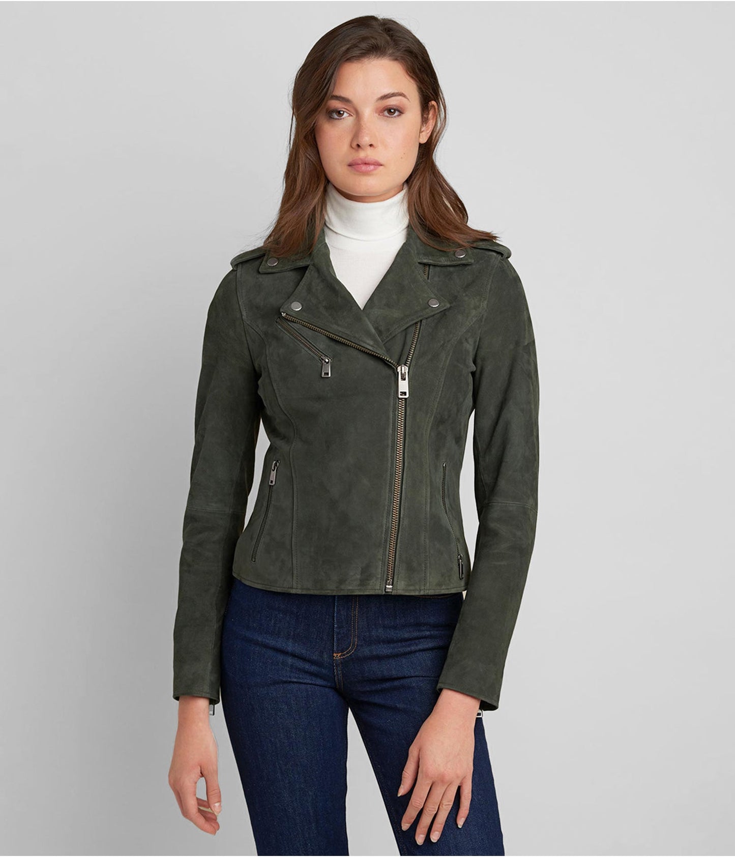 Women's Suede Leather Moto Jacket In Olive