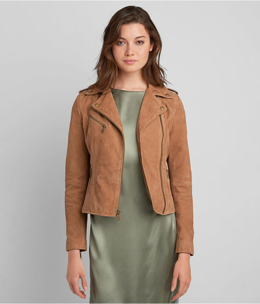 Women's Suede Leather Moto Jacket In Tan Brown