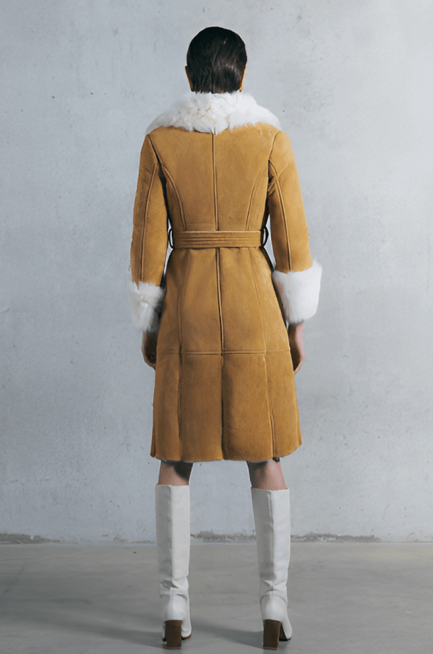 Women's Suede Leather Shearling Coat In Golden Brown