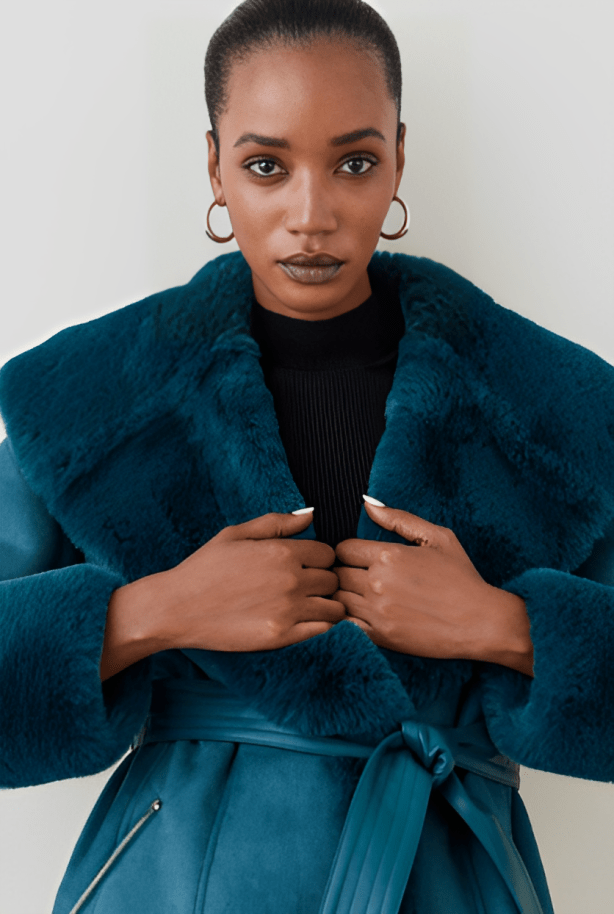 Women's Suede Leather Shearling Coat In Royal Blue