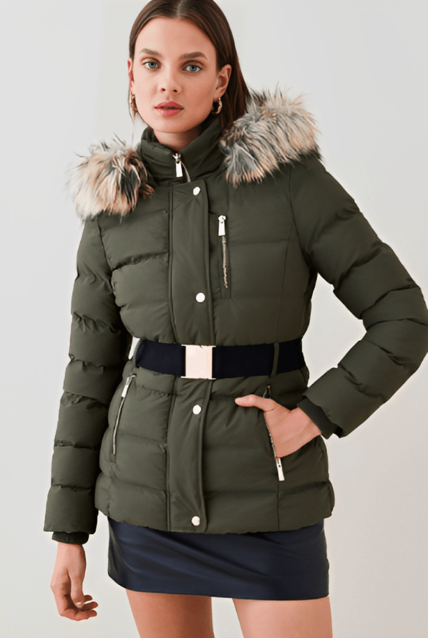 Women's Belted Puffer Jacket In Khaki With Fur Hood