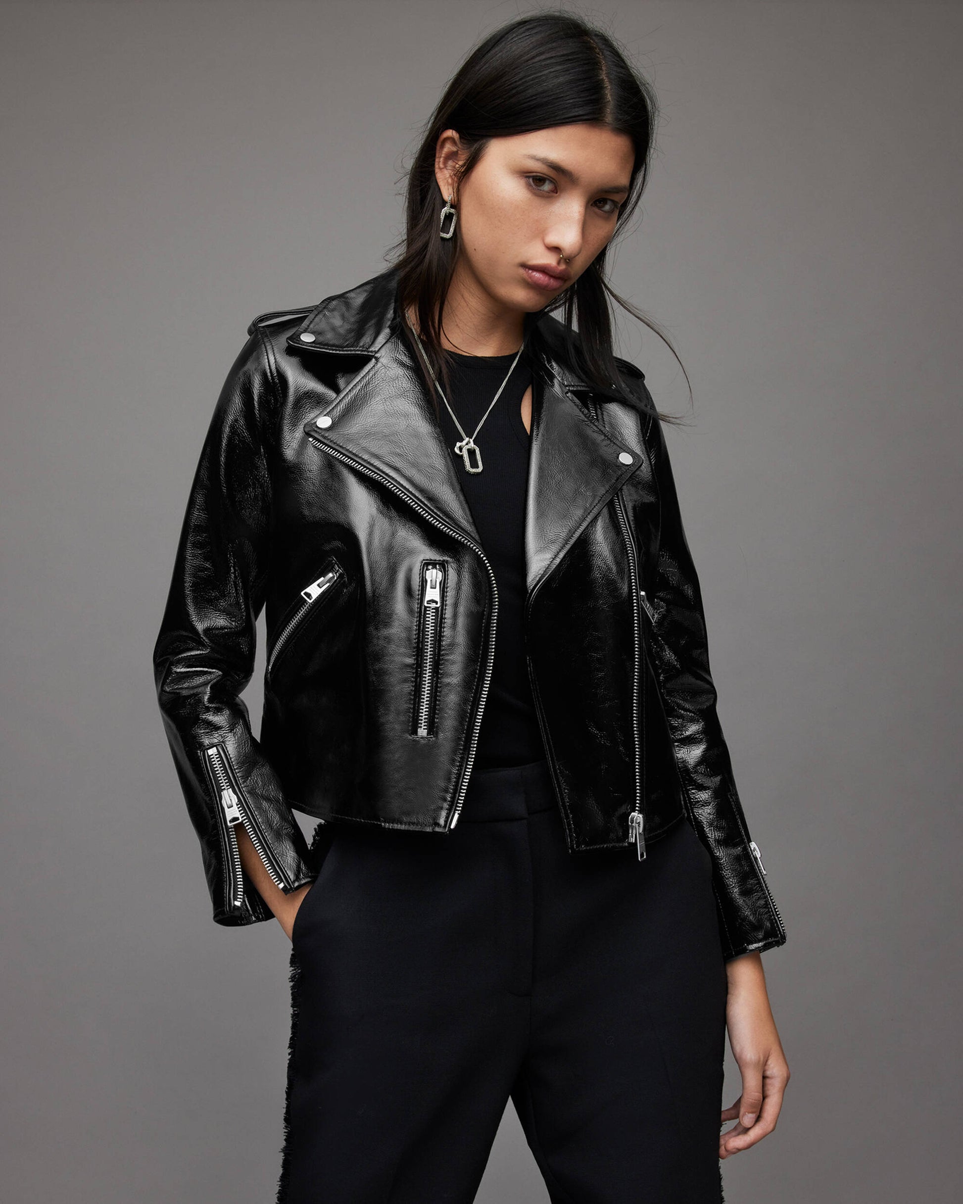 Women's Black Biker Leather Jacket With Shoulder Straps