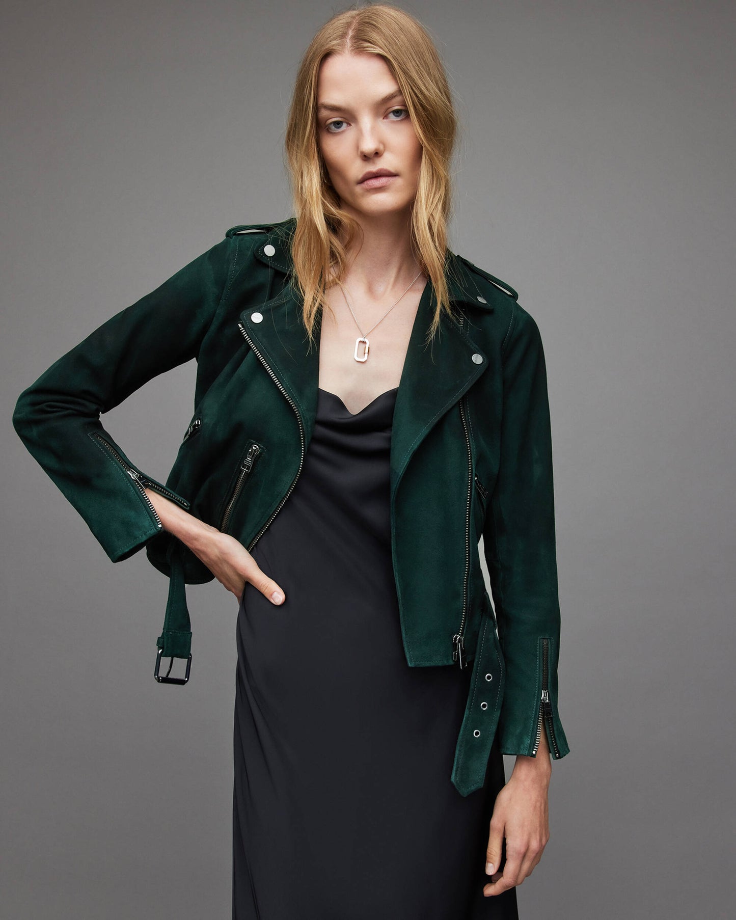 Women's Biker Leather Jacket In Royal Green With Belt