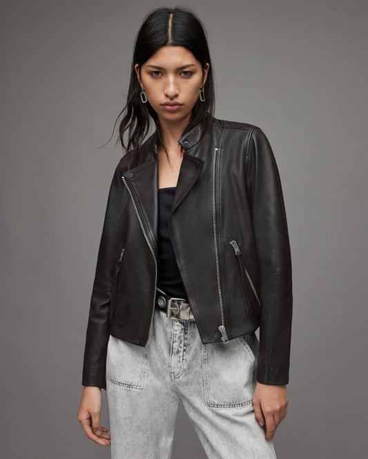 Women's Classic Leather Biker Jacket In Black