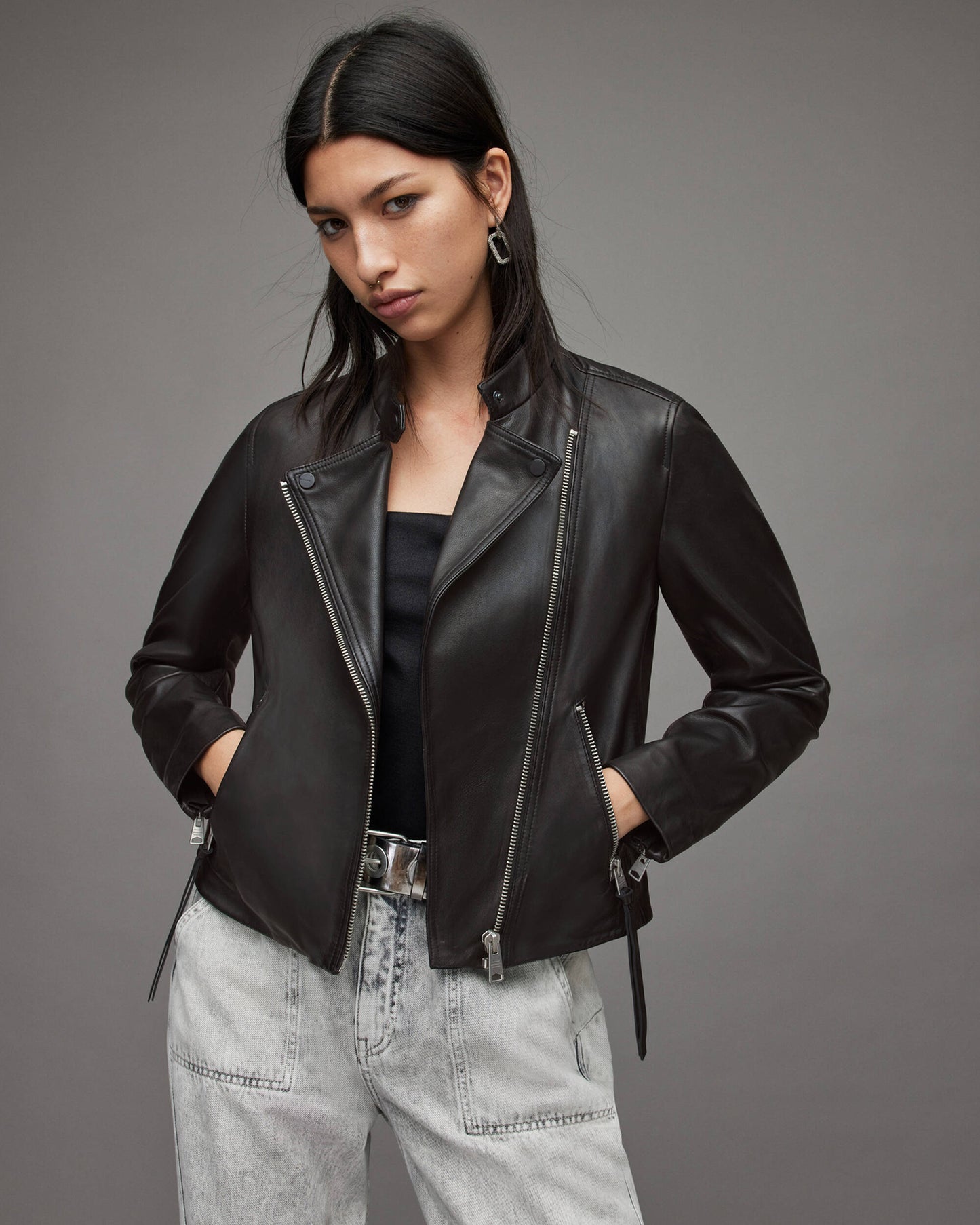 Women's Classic Leather Biker Jacket In Black