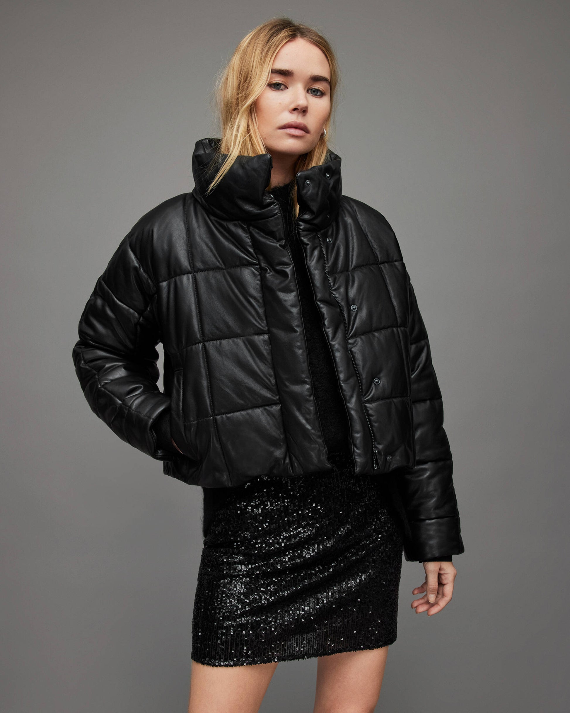Women's Black Puffer Leather Jacket With Turtle Neck