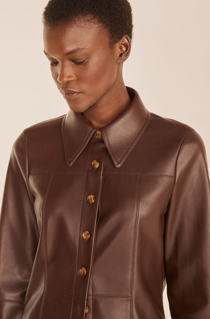 Women's Chocolate Brown Leather Shirt With Gold Buttons