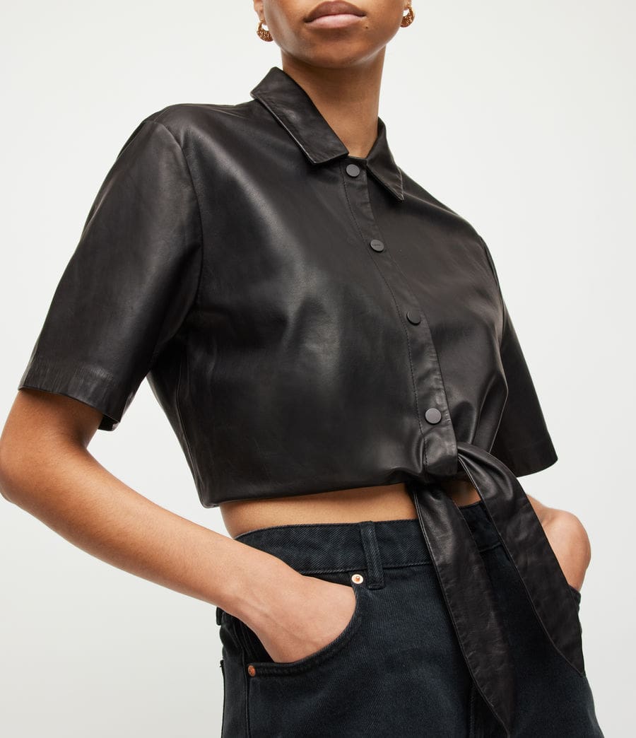 Women's Cropped Leather Shirt In Black