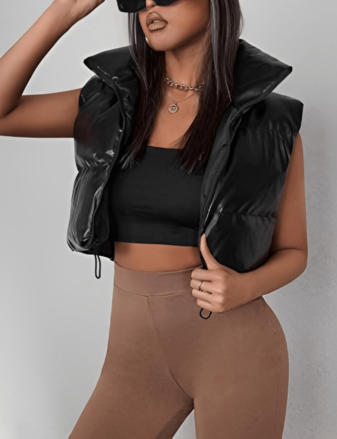 Women's Cropped Puffer Leather Vest In Black