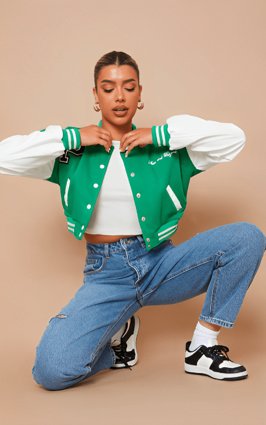 Women's Cropped Varsity Bomber Leather Jacket In Green