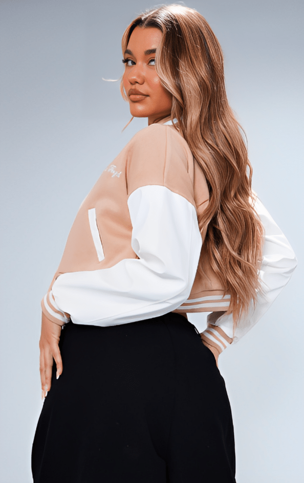 Women's Cropped Varsity Bomber Leather Jacket In Light Pink