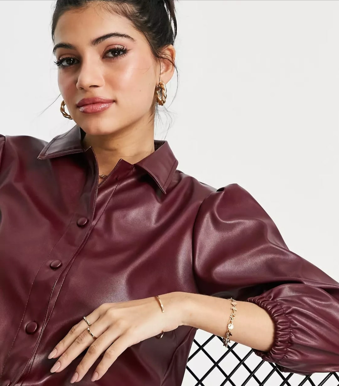 Women's Full Sleeve Leather Shirt In Maroon