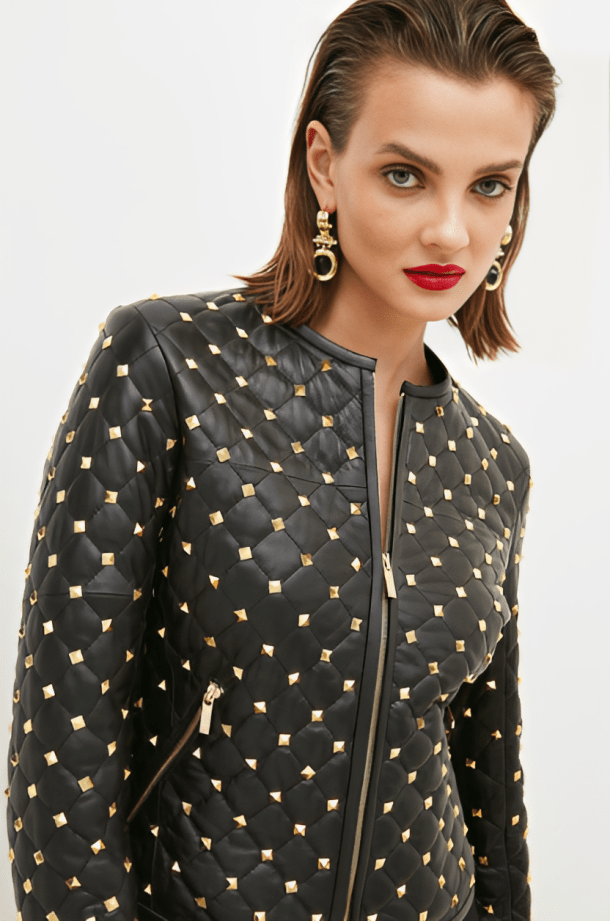 Women s Quilted Gold Studded Leather Jacket In Black