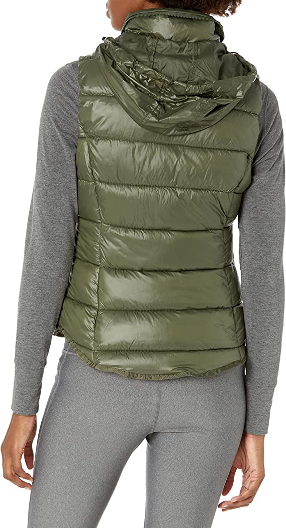 Women's Puffer Vest In Khaki With Removable Hood