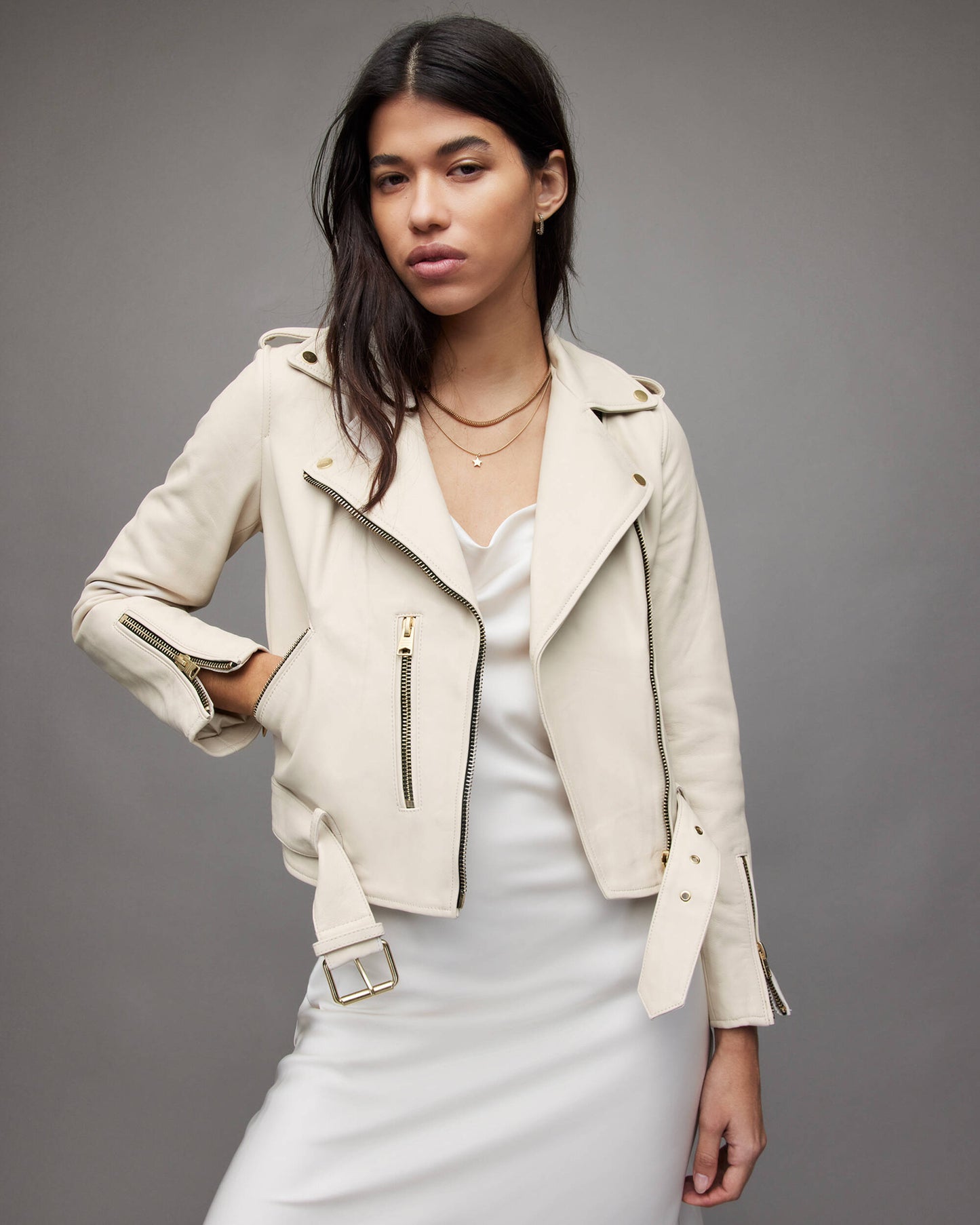 Women's Leather Biker Jacket In Beige With Belt