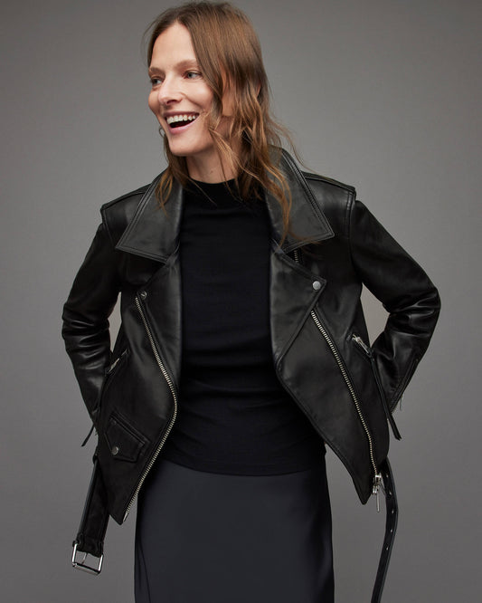 Women's Leather Biker Jacket In Black With Belt