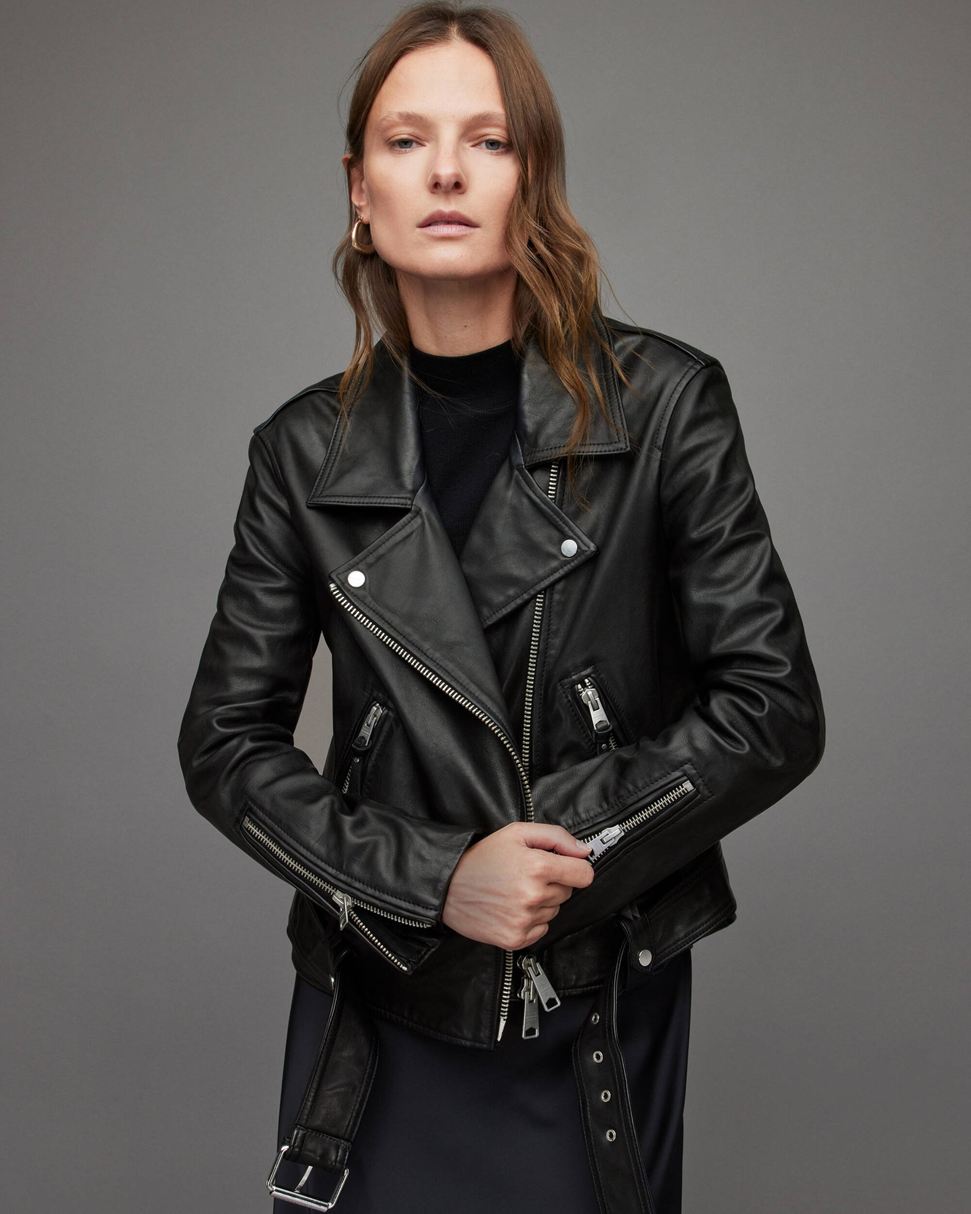 Women's Leather Biker Jacket In Black With Belt